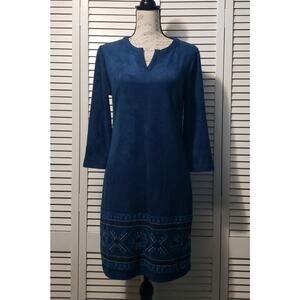 Neiman Marcus Faux Suede Dress Women's Size 6 Blue Embroidered 3/4 Sleeve Sheath